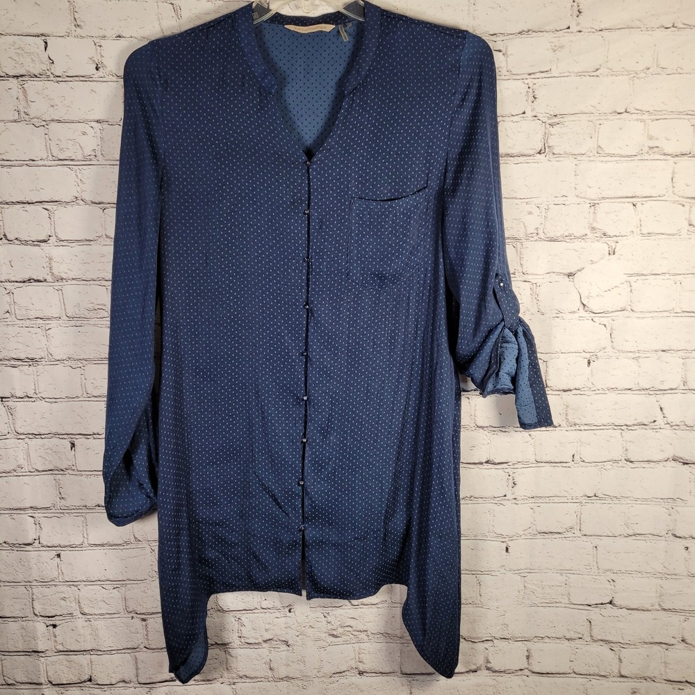Soft Surroundings Blue PolkaDot Tunic Blouse, Roll Tab Long Sleeve Size Med